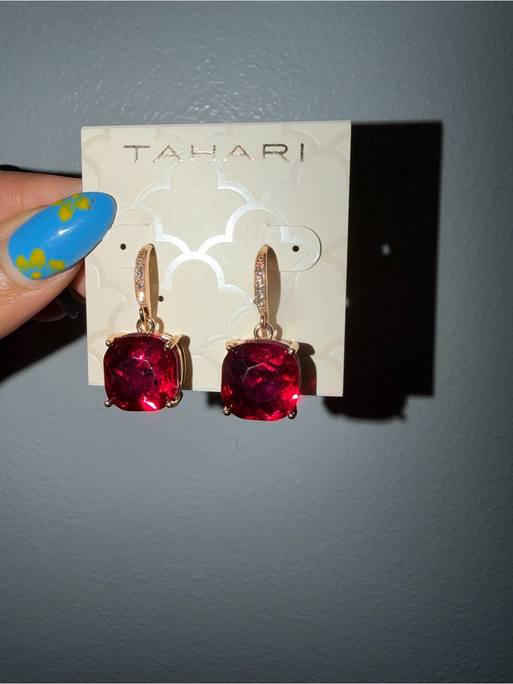 TAHARI Gold-Tone Red Cushion Drop Earrings - Picture 4 of 4